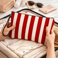 Striped Canvas Makeup Bag – Red & White Zipper Cosmetic Pouch &