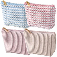 Heogacinlia 4 PCS Corduroy Cosmetic Bag Lattice Makeup Pink, blue, khaki