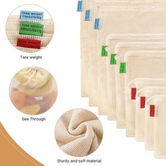 Ycsst 9 Pack Reusable Produce Bags, Cotton Mesh Small, Medium, Large, Beige