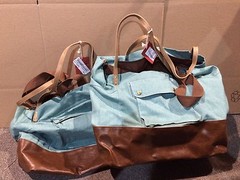 Lot Of 2 Stylish Plastic & Canvas Reusable Tote Bags Light Green/Brown XL