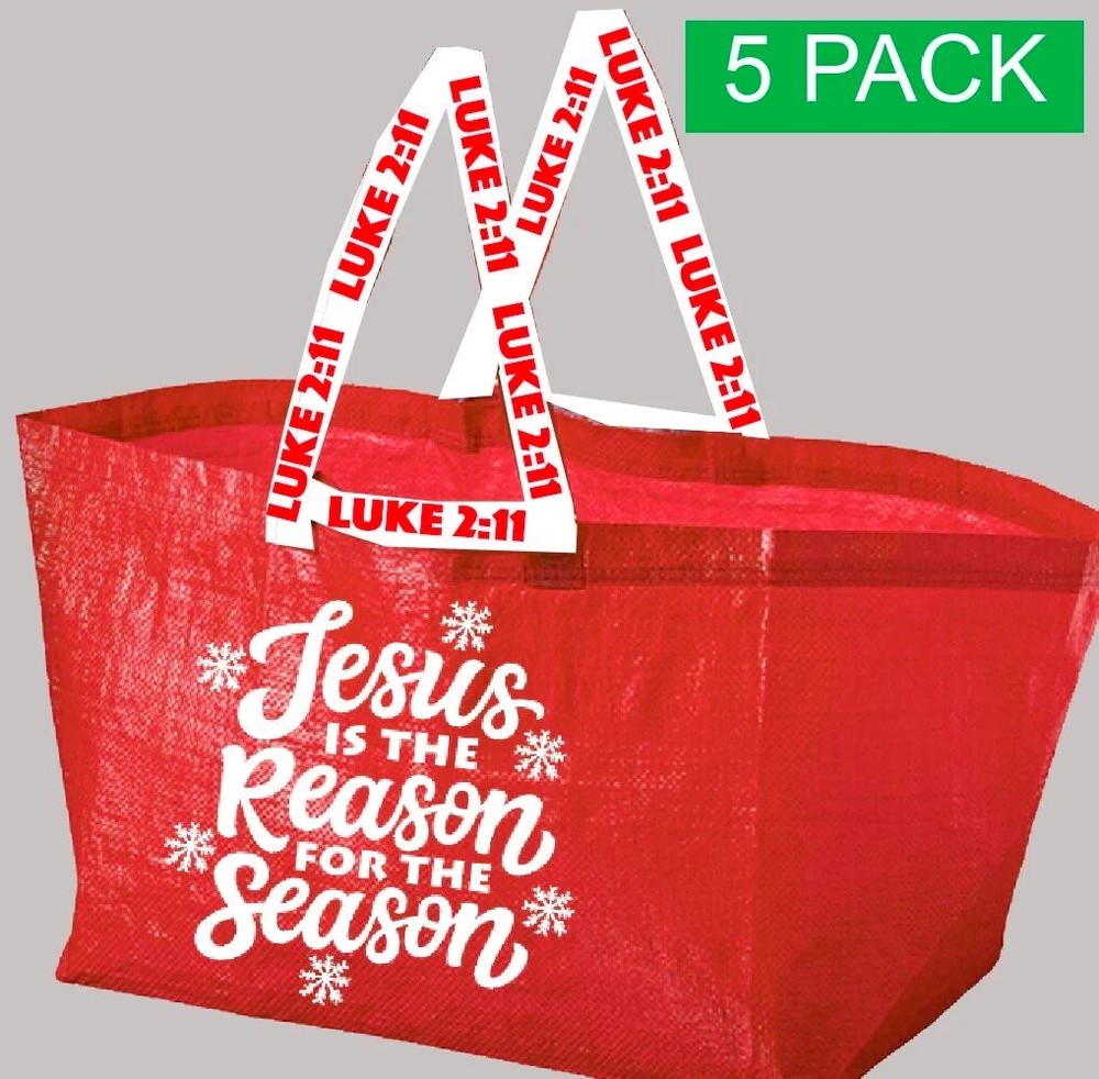 5 Pack Christmas “Jesus Is The Reason For The Season” Shopping Tote Bag 21x15x13