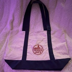 Trader Joe’s Canvas Reusable Shopping Bag Beige Navy Blue Solid Tote