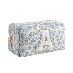 Gleyemor Personalized Initial Makeup Bag for Women, Cute Quilted Blue Floral