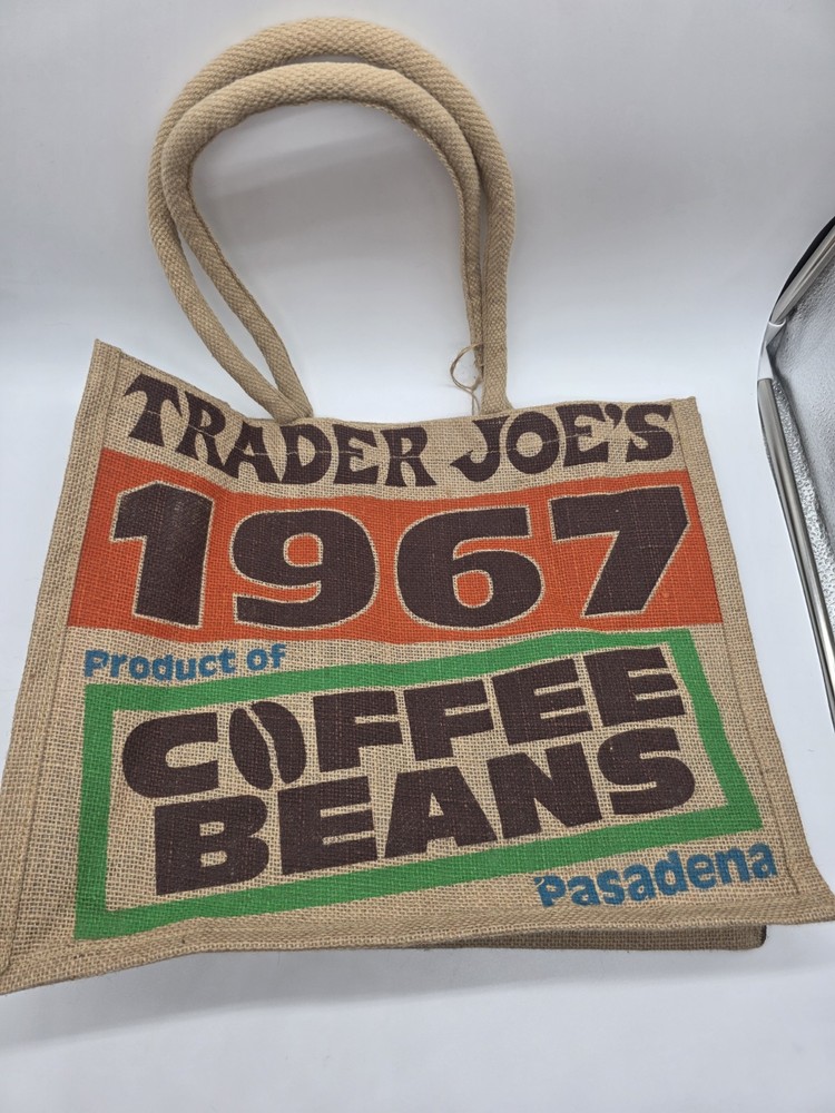 Trader Joe’s 1967 Pasadena Coffee Beans Graphic Jute Tote Bag 9 Gal NWT