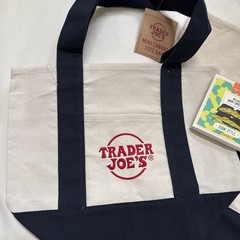 Trader Joe’s Heavy Duty Large Reusable Canvas Tote Bag Blue White w Embroidered