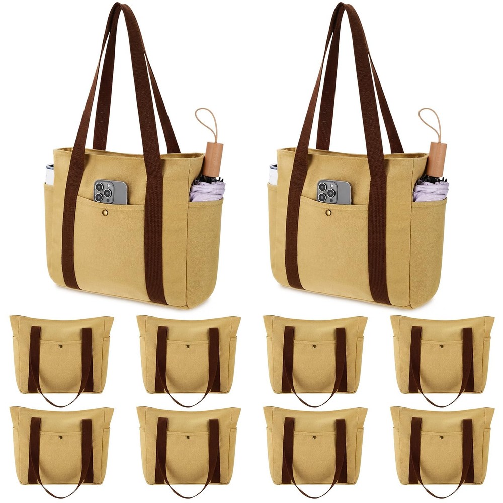 Khaki 10 Pcs Canvas Tote Bags for Women Reusable Shoulder Tote Bags with Zipp…
