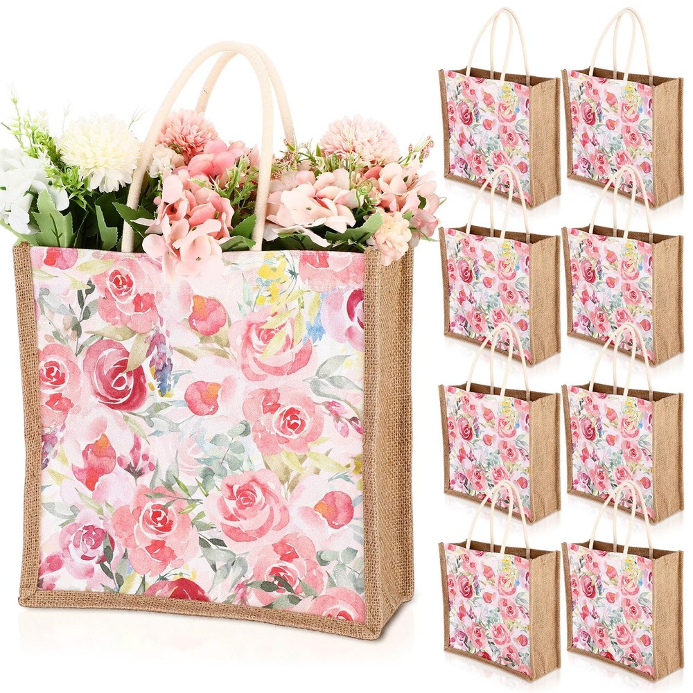 8 PCS Jute Floral Tote Bag Burlap Grocery Bag For Birthday Wedding Gift Set