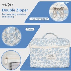 Makeup Bag,Quilted Cosmetic Bag,Large Floral Make Up Bag for Mini, Blue-White