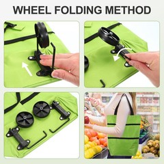 Folding Shopping Bag with Wheels 66lb Reusable Collapsible Grocery Cart, Green