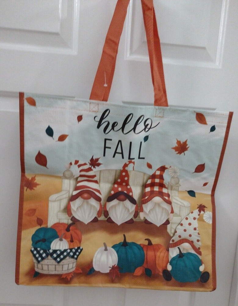 Hello FALL Gnomes Pumpins Leaves Reusable Shopping Bag TJ Maxx Eco Friendly Tote