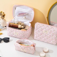 UUYUUY Makeup Bag for Women 3PCS Quilted Cotton Make Up Pink Floral D