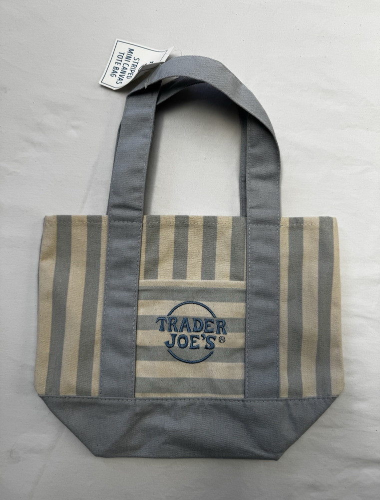 Trader Joe’s Striped Mini Canvas Tote Bag Blue/Beige Cotton Blend