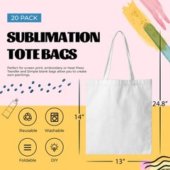 20 Pack Canvas Tote Bags Bulk Sublimation Blanks Tote Bags Polyester Medium R…