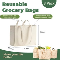 Canvas Grocery Bag 3 Pack, Reusable Grocery Bags with Long Shoulder Strap and…