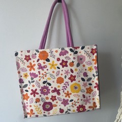 Floral Canvas Reusable Shopping Bag Medium Foldable Pink Handles Modern