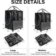 MRINCA Large Reusable Shopping Bag with Wheels Black Multiple Pockets Zippered