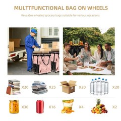 (Medium, Rose Gold) Reusable Grocery Bag on Wheels, Foldable Rolling Tote Carrie