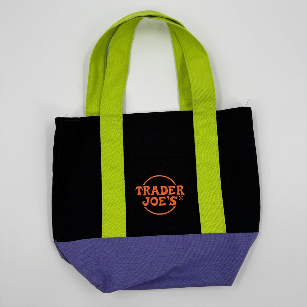 Trader Joe’s Reusable Mini Tote Bag Black Purple Lime Green Logo