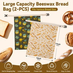 HAPYHOOM 2 Pack Natural Beeswax Bread Bags Large, Off white & Green