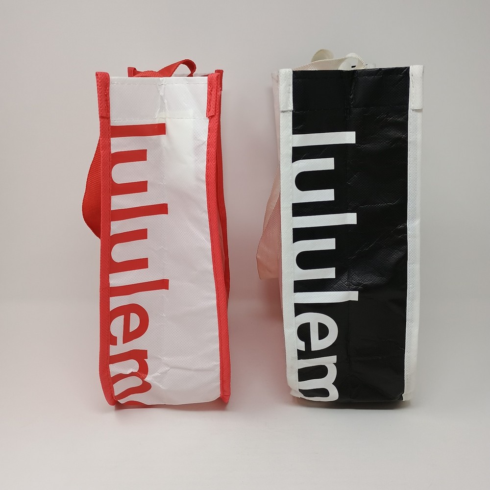 Lot of 2 LULULEMON Reusable Small Tote Bags 9″ x 11″ w/ Handles Red White Black