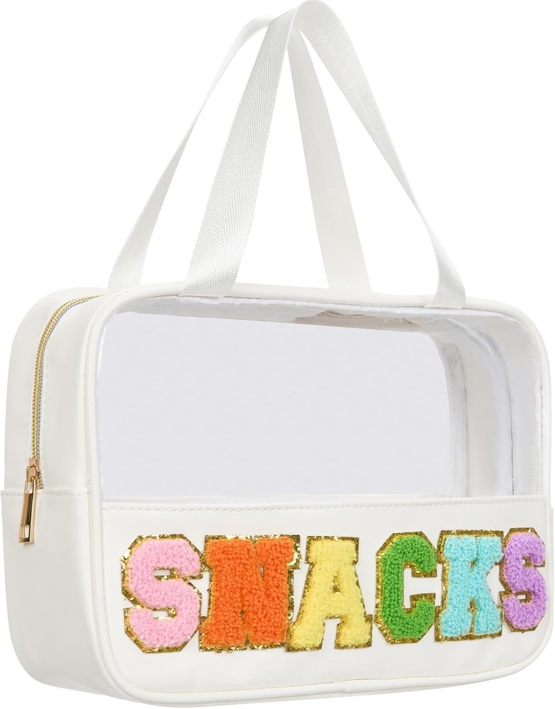 Snacks Bag Clear Chenille Varsity Letter Zipper Pouch Travel Makeup White