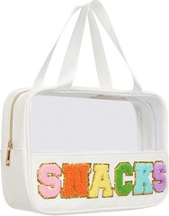 Snacks Bag Clear Chenille Varsity Letter Zipper Pouch Travel Makeup White