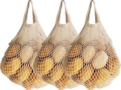 SHUYUE 3 pack Reusable Grocery Bags Cotton Net Shopping Tote Medium, Beige