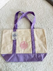 Trader Joe’s Foldable Canvas Reusable Tote Bag Beige Purple Color Block