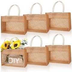 6 Pcs Burlap Tote Bags with Transparent PVC Film Window Reusable DIY Jute Bag…