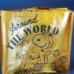 Peanuts Snoopy Flying Ace & Woodstock Around The World XL Gold Tote Bag 19.5×17