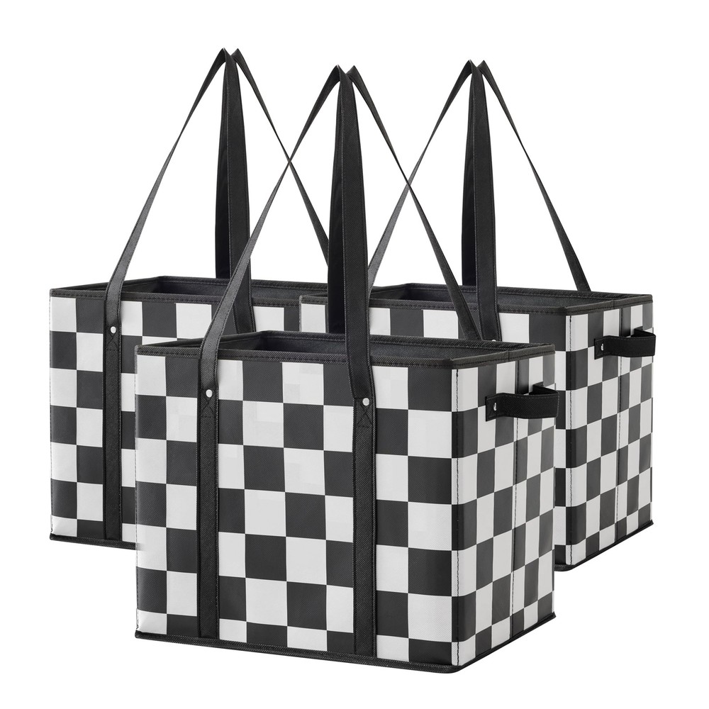 Grocery Bags Checkered 3 Pack Heavy Duty Reusable Foldable Collapsible Tote
