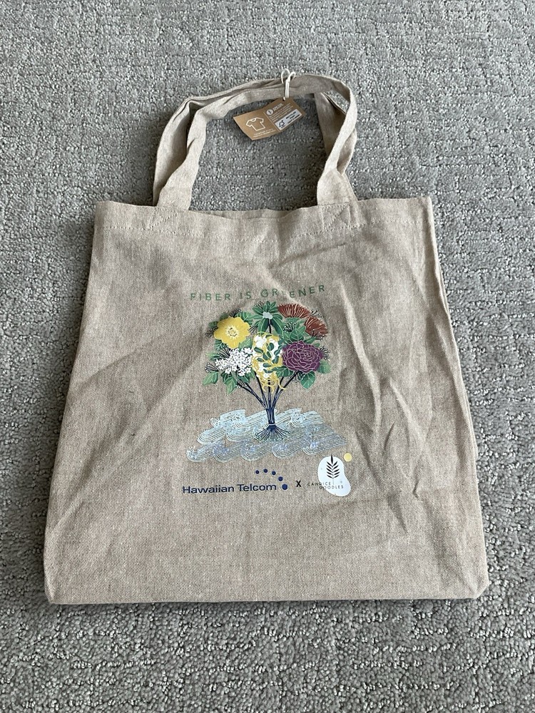 NEW Hawaiian Beige Floral Cotton Reusable Shopping Tote Bag “Fiber Is Greener”