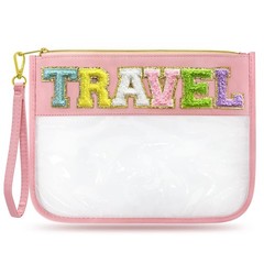 LSxia Chenille Letter Clear Zipper Pouch Nylon Makeup Bag, Preppy Pink-Travel