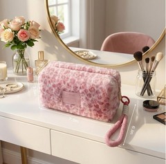 HISBO 2 Pack Plush Leopard Makeup Bag Set, Cosmetic for Pink,Purple