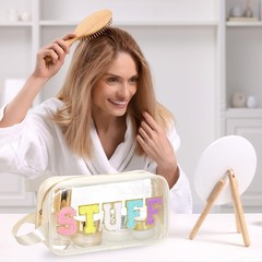 Kacctyen Letter Clear Makeup Bags Stuff Pouch 9.5 x 5.1 x 2.8 inches, Beige