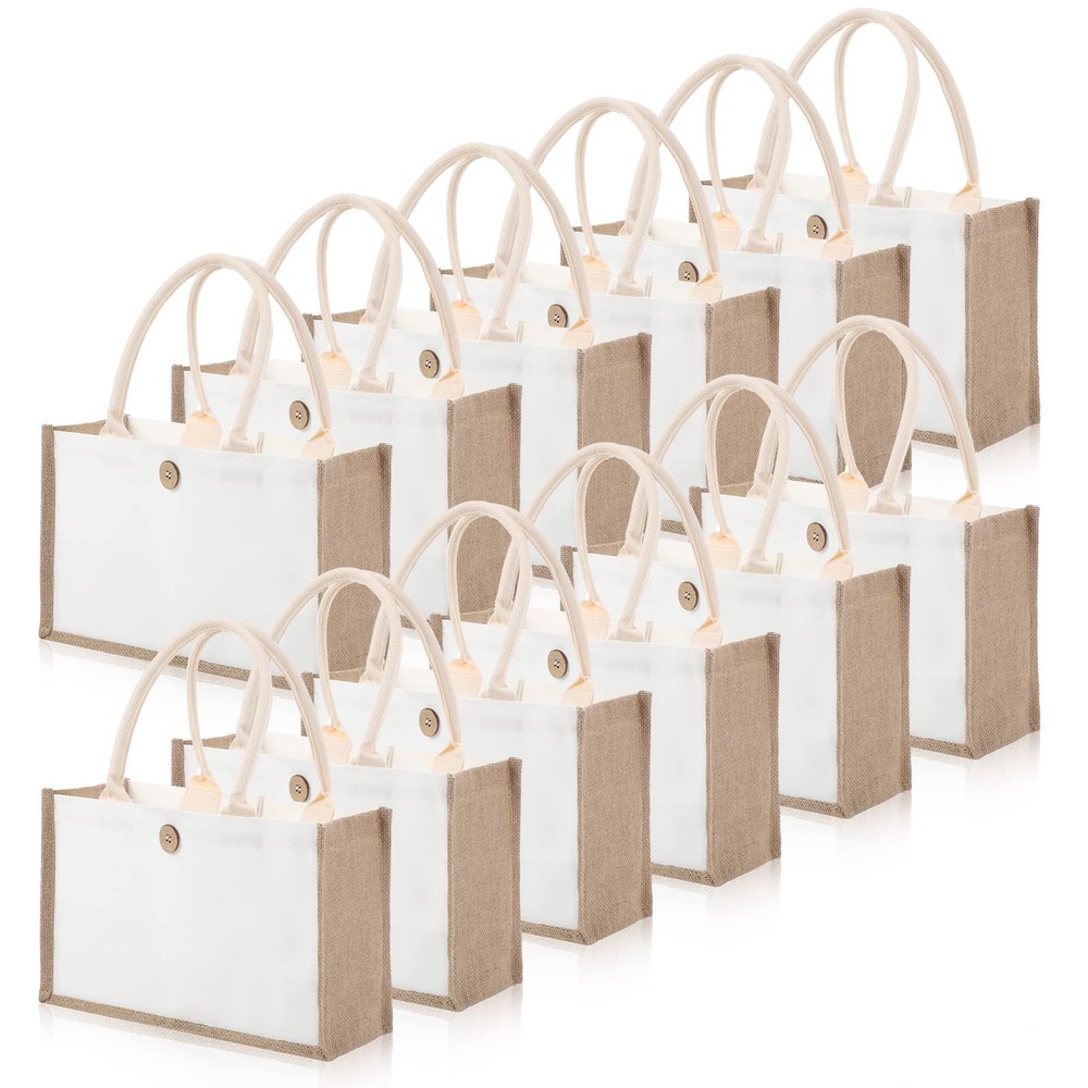 12 Pieces Jute Tote Bags Burlap Tote Beach Bags with Handles Reusable Waterpr…