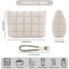 DOB SECHS Puffer Quilted Makeup Bag with Handle, Cute Puffy Cotton Khaki