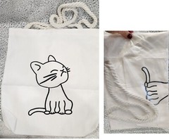 Reusable Cotton White Canvas Cranky Cat shopping bag tote Rope Handle Zip Close