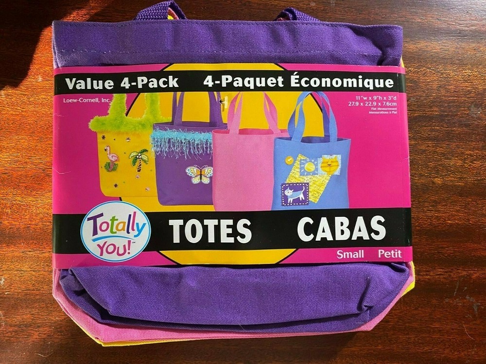 100% Cotton Canvas 4 PACK Small TOTE BAG Yellow Purple Pink Blue Craft Party Kid