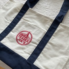 Trader Joe’s Canvas Foldable Tote Bag Beige Navy Blue Solid Reusable Shopping