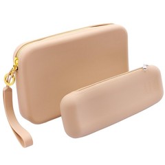 FUSMYE Set of 2 Zipper Makeup Brushes Bag For Travel, Large Silicone Khaki