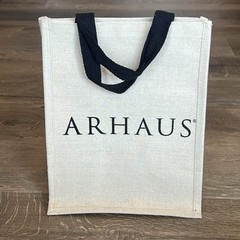 NWOT ARHAUS Jute Beige Tan Black Logo Reusable Shopping Gift Bag 13″x10″x7”