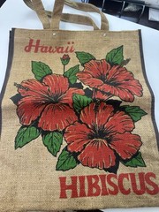Burlap Foldable Reusable Shopping Bag Floral Brown Red Green Hibiscus