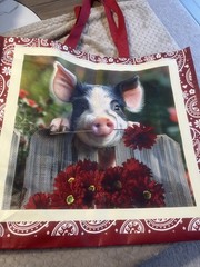 Large Reusable Shopping Bag Tote Piglet Red Flowers 2 Sided Freedom Distribution