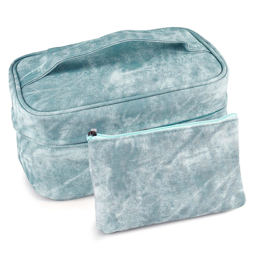 Huakaile PU Leather Makeup Bag with Zipper, Waterproof Large Capacity Blue