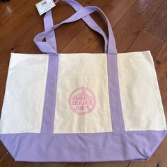 Trader Joe’s Foldable Cotton Polyester Tote Bag Purple Beige Reusable Shopping