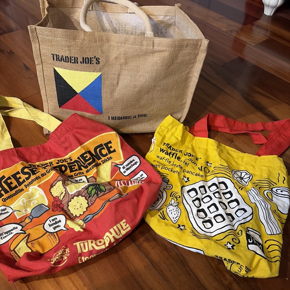 (3) Trader Joe’s Bags Nautical Flag “Z Zulu ” Jute Tote Bag Cheese Waffle Lot