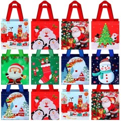 12 PCS Reusable Christmas Tote Bags Handles Non Woven 8.7x9x4.3 Inch Grocery