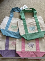 NWT Trader Joe’s Mini Pastel Canvas Tote Bag Set Of 4 Blue Green Pink Purple