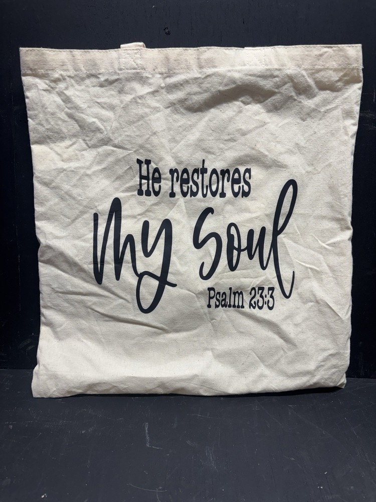 Christian Reusable Beige Canvas Shopping Tote Bag Psalm 23:3 He Restores My Soul